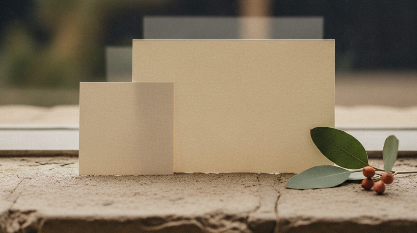 Two blank cards of different sizes on a stone windowsill in soft daylight.