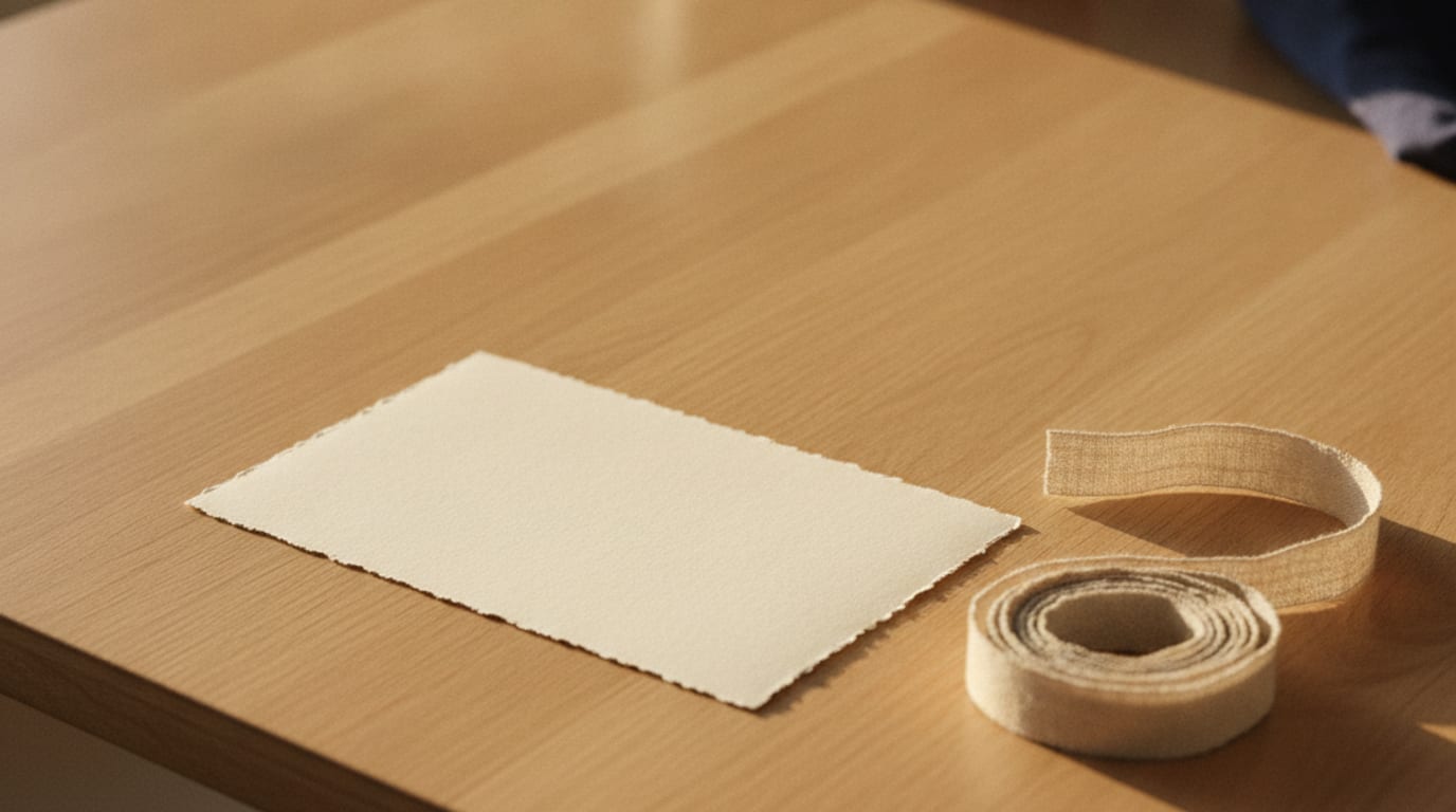 A blank ivory card sits on oak beside a plain coiled ribbon in warm light.
