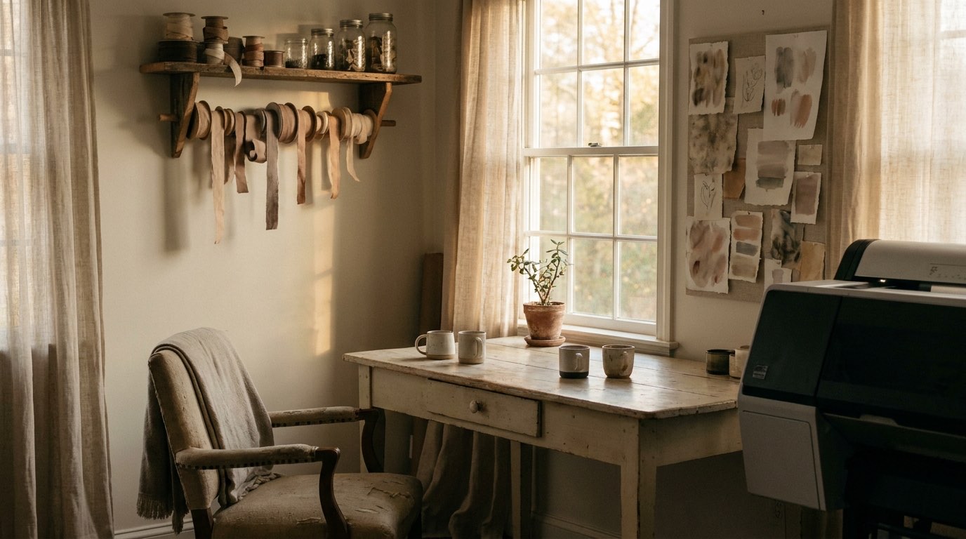 A wide view of a working studio table with paper, swatches and trimmed cards