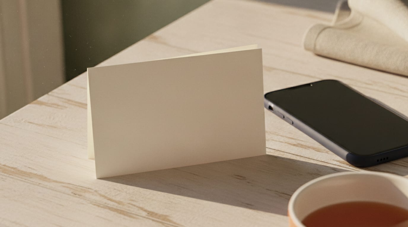 A blank card lies on a kitchen table beside a face-down phone and a teacup.