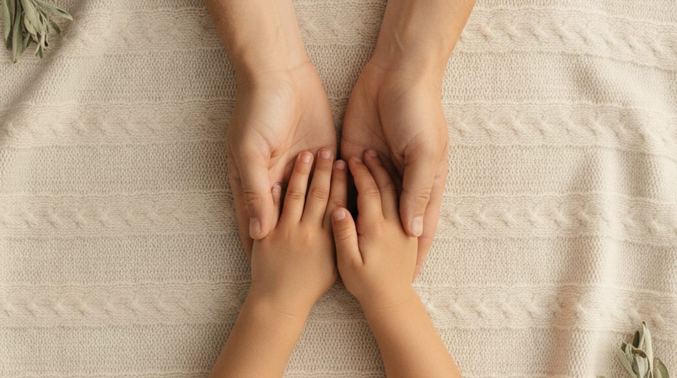 Two adult hands and a small child's hand resting together on a cream blanket