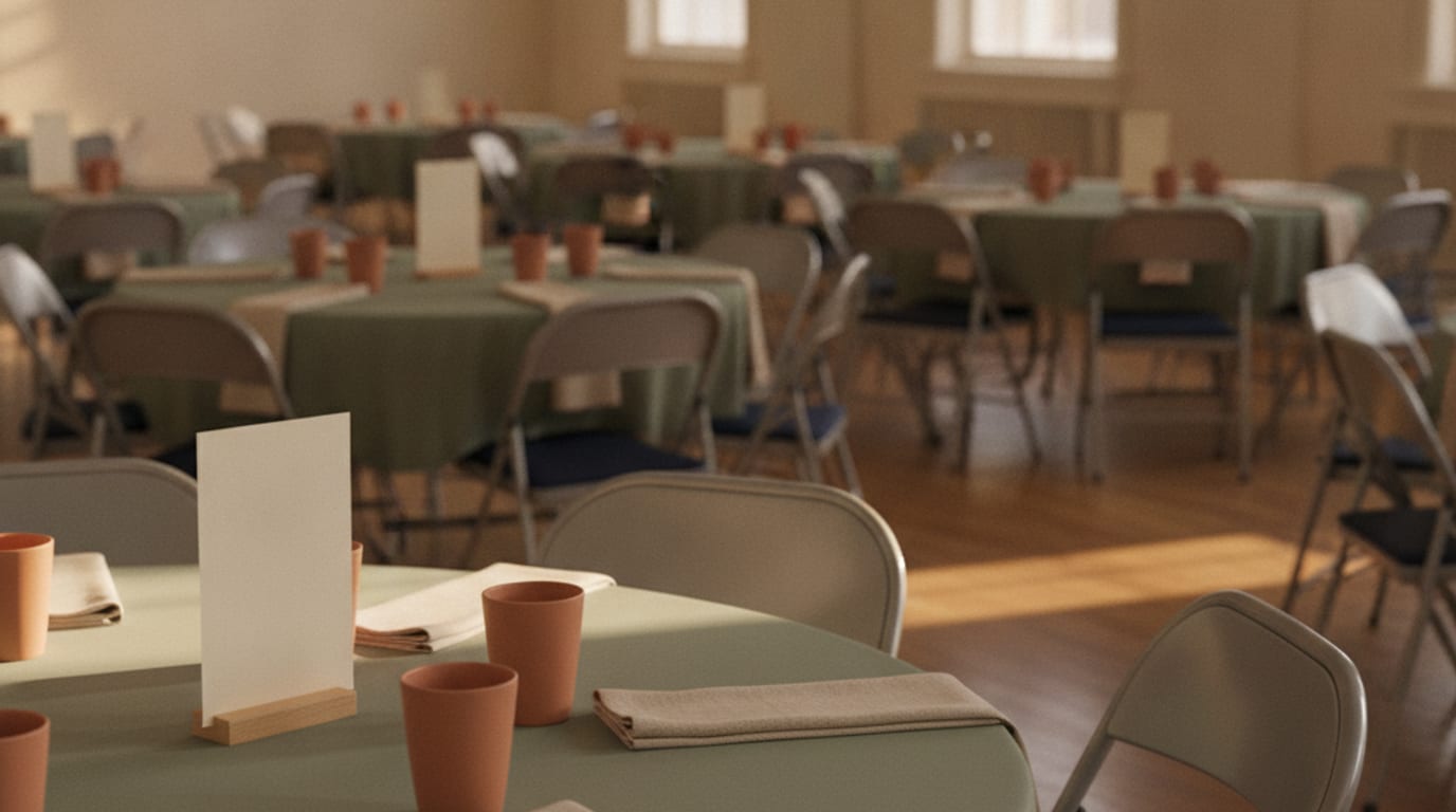 An empty school hall set with round tables and folding chairs in late afternoon light