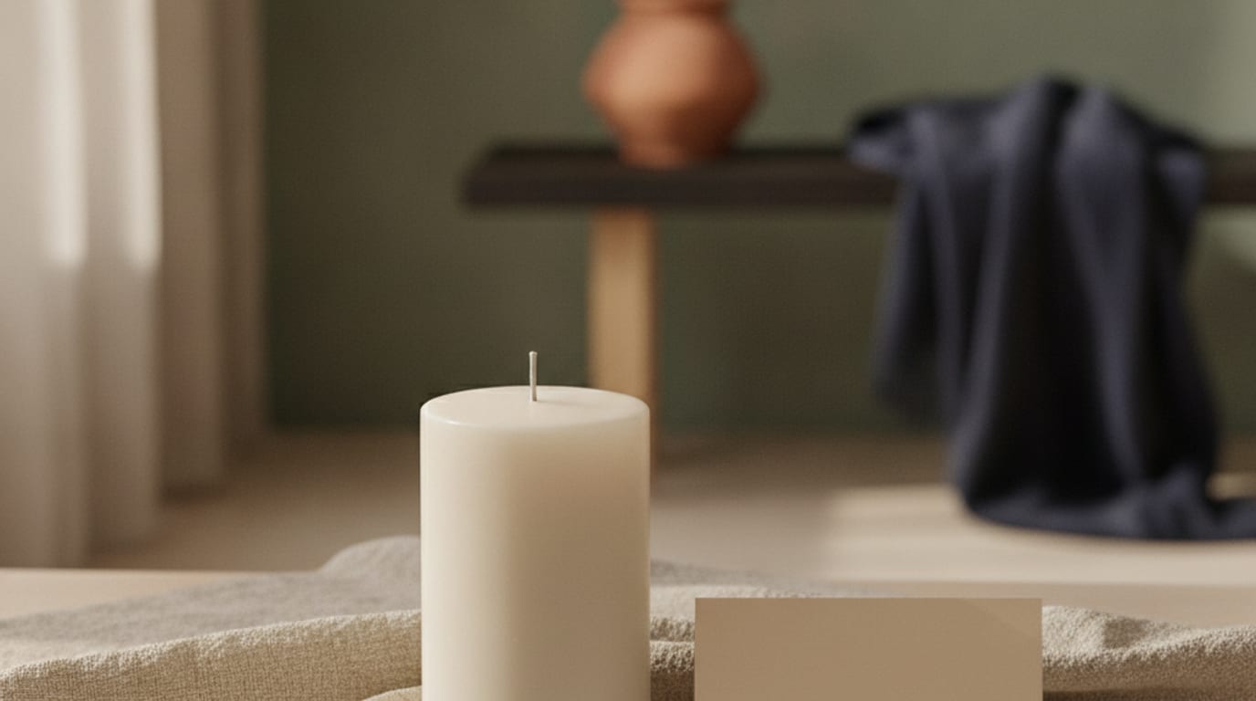 An unlit white candle on linen beside a small blank card in a quiet interior