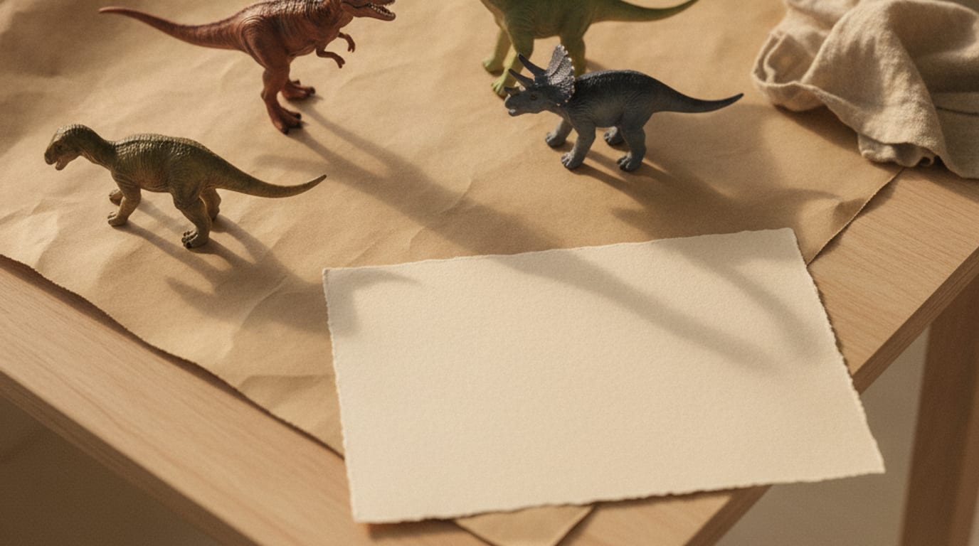 A child's table from above with small realistic dinosaur figures on kraft paper