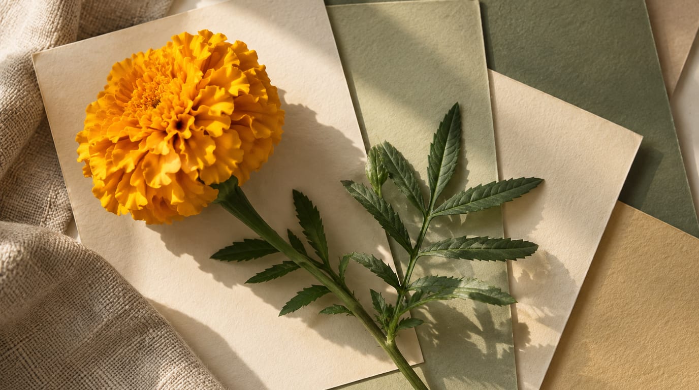 A quiet desk with a blank notebook, a pencil and a small vase of dried flowers in warm side light