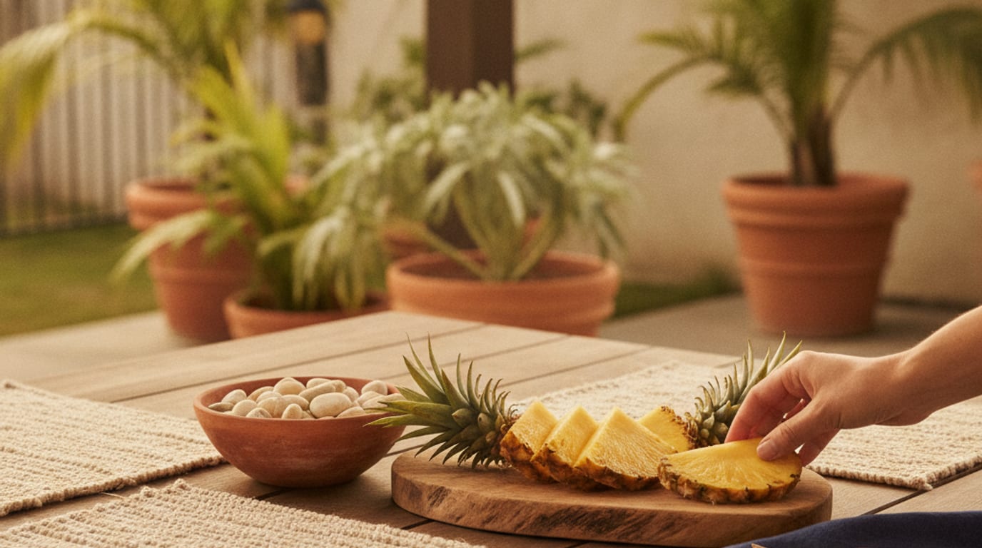 An outdoor table in bright open shade with real tropical foliage and sliced pineapple