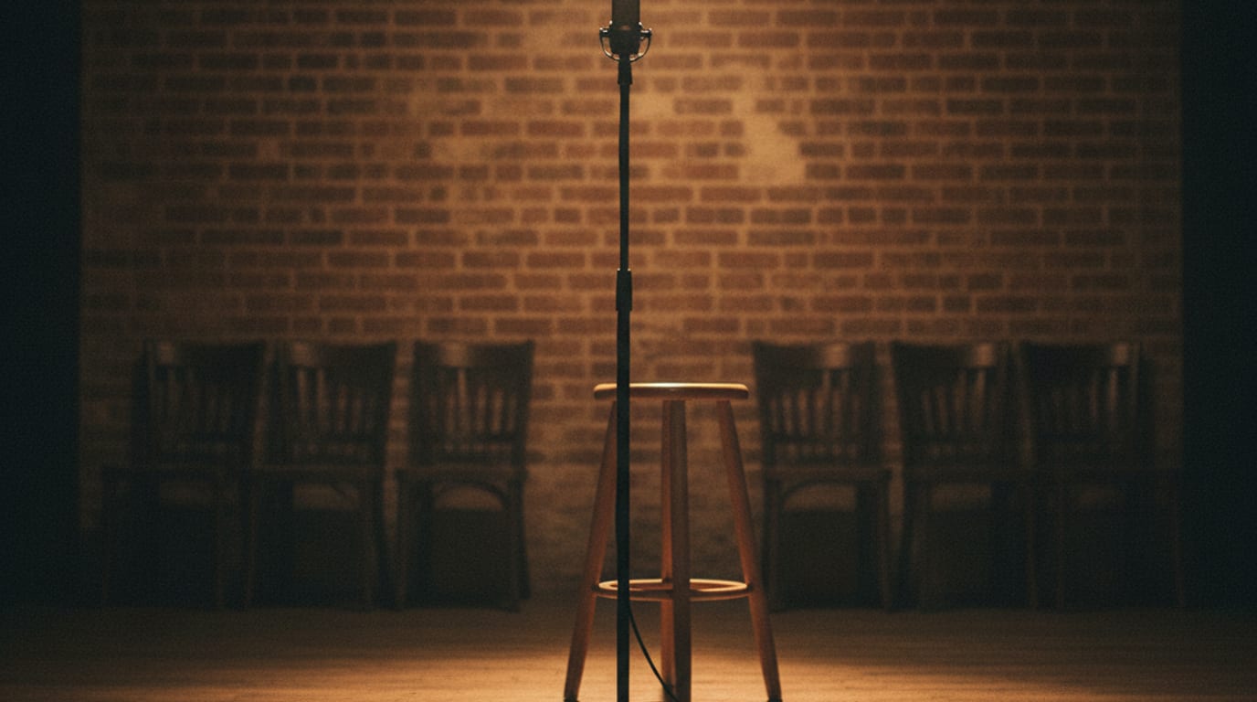 A microphone on a stand under a warm spotlight in an empty small venue