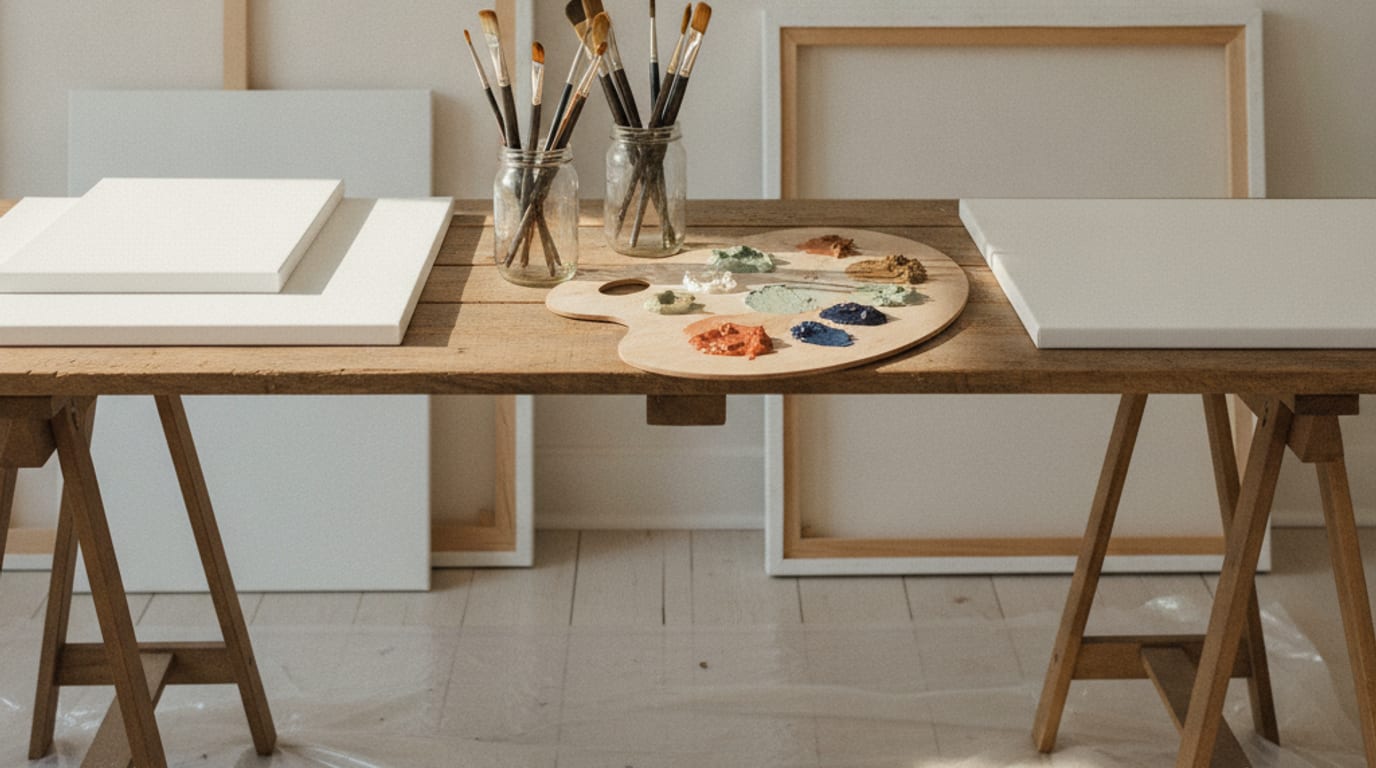 A trestle table set with blank canvases, jars of brushes and paint on a wooden palette