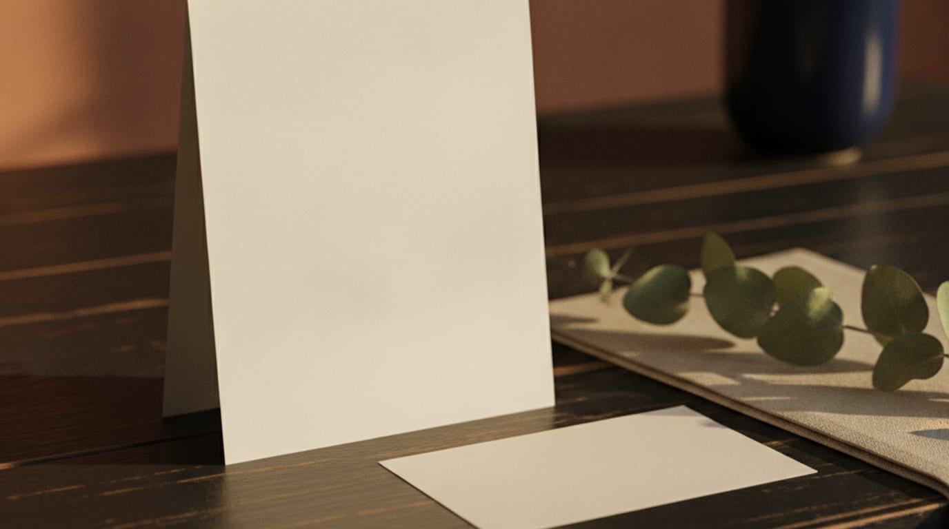 A tall blank folded sheet sits beside a smaller blank card on dark wood in warm light.
