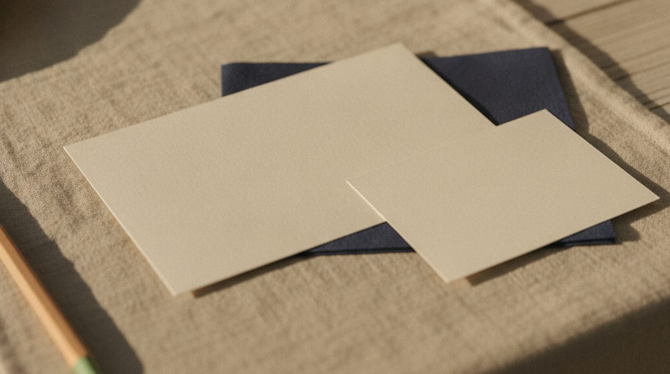 A larger blank card sits beside a smaller blank card on rumpled linen in warm light.