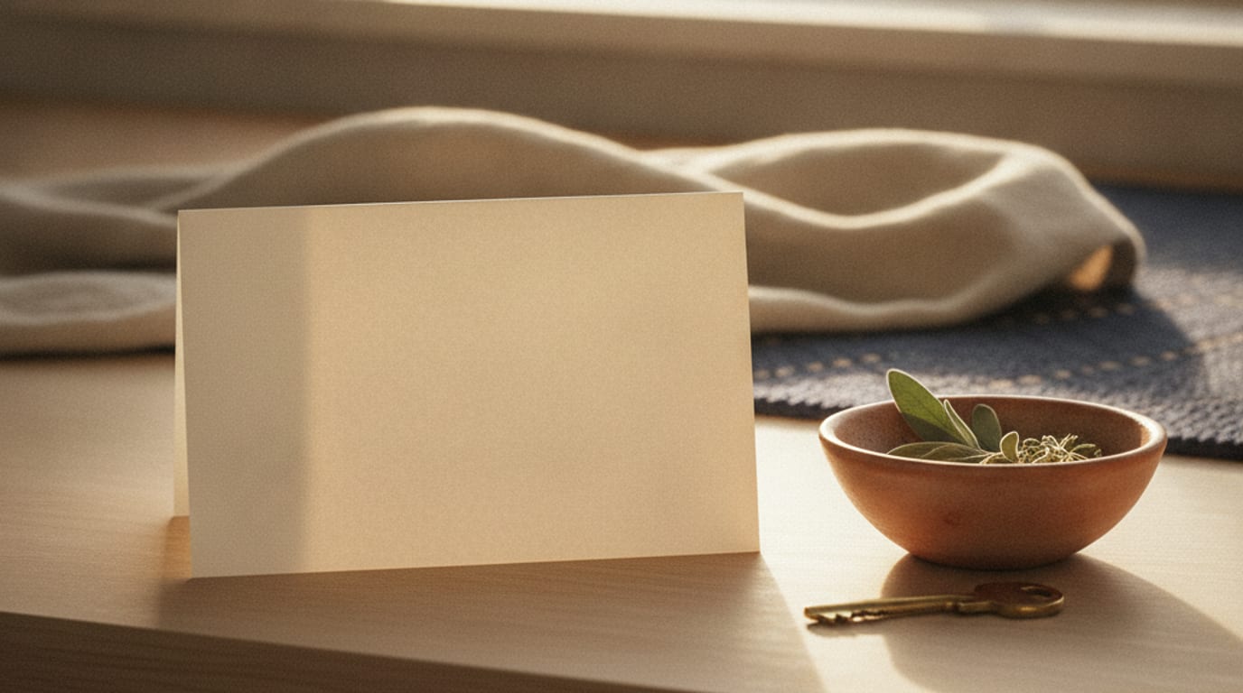 A blank card on a kitchen counter beside a small bowl and a face-down key.