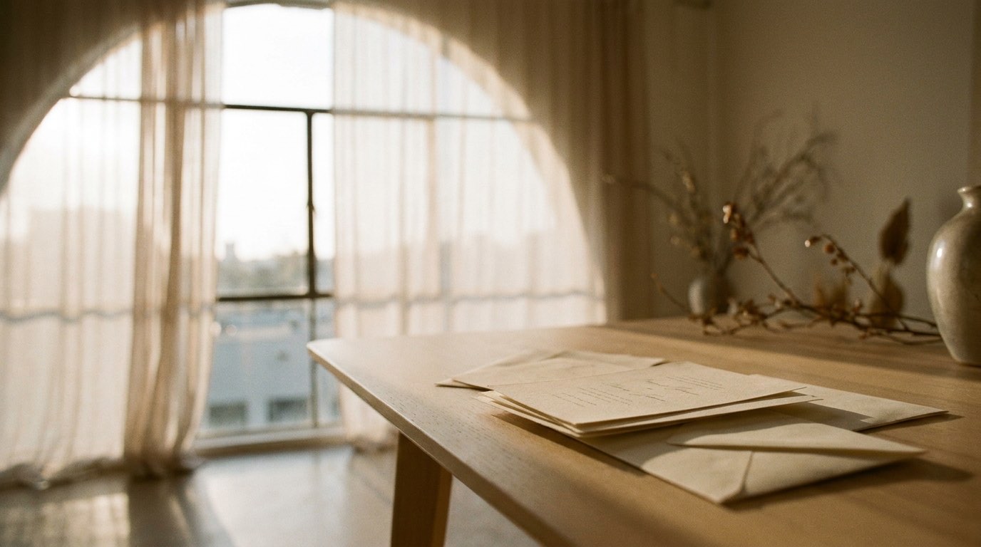 Warm light flooding across a pale wooden table holding an invitation suite